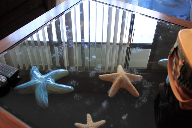 Cat paw prints on our coffee table.